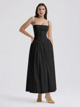 Damen Midi-Kleid mit Spaghettiträgern und Korsett-Nähten am Oberteil – Schwarz