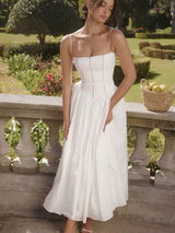 Damen Midi-Kleid mit Spaghettiträgern und Korsett-Nähten am Oberteil – Weiß