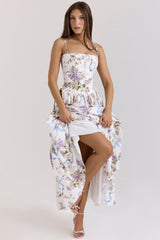 Damen Midi-Kleid mit Spaghettiträgern und Korsett-Nähten am Oberteil – Weiß mit großen Blumen
