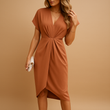 Damen Midi-Kleid mit V-Ausschnitt, Flügelärmeln und geraffter Taille – Rostrot