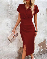 Damen Midi-Kleid mit V-Ausschnitt und Kurzärmeln mit Vorderschlitz – Burgund