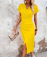 Damen Midi-Kleid mit V-Ausschnitt und Kurzärmeln mit Vorderschlitz – Gelb