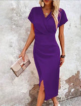 Damen Midi-Kleid mit V-Ausschnitt und Kurzärmeln mit Vorderschlitz – Lila
