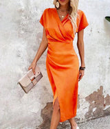 Damen Midi-Kleid mit V-Ausschnitt und Kurzärmeln mit Vorderschlitz – Orange