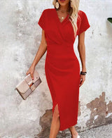 Damen Midi-Kleid mit V-Ausschnitt und Kurzärmeln mit Vorderschlitz – Rot