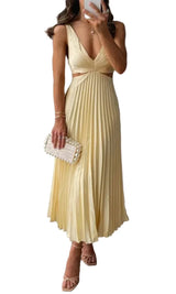 Damen Midi Kleid mit V-Ausschnitt und Plisseerock – Gelb