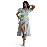 Damen-Midi-Wickelkleid mit Puffärmeln und Blumenmuster – Blau