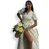 Damen-Midi-Wickelkleid mit Puffärmeln und Blumenmuster – Gelb
