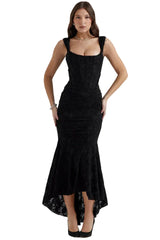 Damen Midikleid aus Spitze mit Raffung an der Taille und asymmetrischem Saum – Schwarz