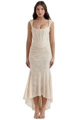 Damen Midikleid aus Spitze mit Raffung an der Taille und asymmetrischem Saum – Beige