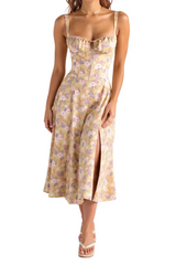 Damen Midikleid im Korsettstil mit Blumenmuster – Gelb