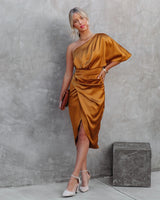 Damen Midikleid mit asymmetrischem Ausschnitt und Drapierung – Orange