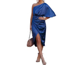 Damen Midikleid mit asymmetrischem Ausschnitt und Drapierung – Dunkelblau