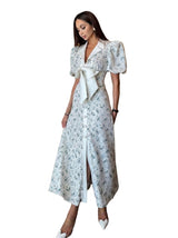 Damen Midikleid mit Blumenmuster, Puffärmeln und Taillenschleife – Weiß
