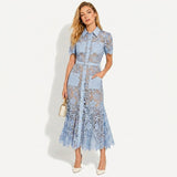 Damen Midikleid mit Blumenmuster und Gürtel und Taschen – Blau