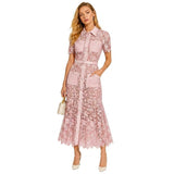 Damen Midikleid mit Blumenmuster und Gürtel und Taschen – Rosa