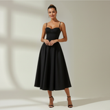 Damen Midikleid mit Blumenmuster und schmalen Trägern – Schwarz