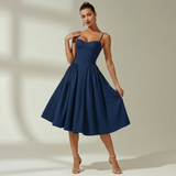 Damen Midikleid mit Blumenmuster und schmalen Trägern – Marineblau
