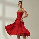 Damen Midikleid mit Blumenmuster und schmalen Trägern – Rot