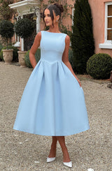 Damen Midikleid mit Bootsausschnitt V Taillennaht und Weitem Faltenrock – Blau