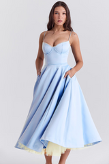 Damen Midikleid mit Bustier-Oberteil Spaghettiträgern Spitzenbesatz am Ausschnitt und Tellerrock mit Seitentaschen – Blau