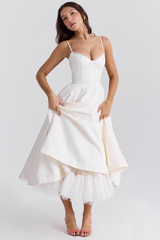 Damen Midikleid mit Bustier-Oberteil Spaghettiträgern Spitzenbesatz am Ausschnitt und Tellerrock mit Seitentaschen – Weiß