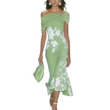 Damen Midikleid mit Carmenausschnitt und Blumenmuster – Grün