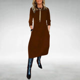 Damen Midikleid mit Dreiviertelärmeln und Taschen – Braun