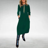Damen Midikleid mit Dreiviertelärmeln und Taschen – Grün