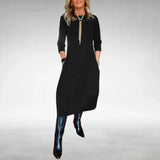 Damen Midikleid mit Dreiviertelärmeln und Taschen – Schwarz