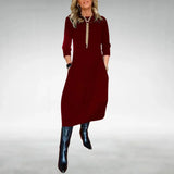Damen Midikleid mit Dreiviertelärmeln und Taschen – Burgundy