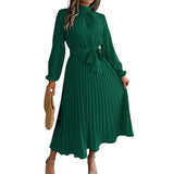 Damen-Midikleid mit Falten, langen Ärmeln und Taillengürtel – Dunkelgrün