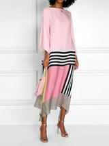 Damen Midikleid mit Fledermausärmeln und asymmetrischem Saum in Farbblock-Muster – Rosa mit Muster
