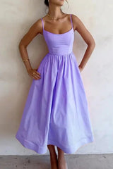 Damen Midikleid mit geradem Ausschnitt und Spaghettiträgern mit Taillenaht und weitem Rock – Lila