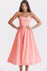 Damen Midikleid mit geradem Ausschnitt und Spaghettiträgern mit Taillenaht und weitem Rock – Rosa