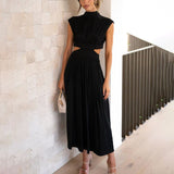 Damen Midikleid mit gerafftem Oberteil Kappenärmeln und seitlichen Taillenausschnitten – Schwarz