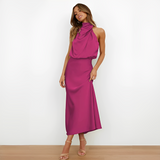 Damen Midikleid mit Halterkragen und drapiertem Oberteil – Rosa