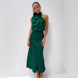 Damen Midikleid mit Halterkragen und drapiertem Oberteil – Grün