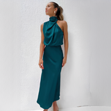 Damen Midikleid mit Halterkragen und drapiertem Oberteil – Saphirblau