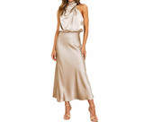 Damen Midikleid mit Halterkragen und drapiertem Oberteil – Beige