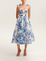 Damen Midikleid mit Herzausschnitt und Bindeträgern mit Schleifen und Blumenmuster – Blau mit Blumenmuster