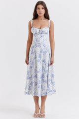 Damen Midikleid mit Herzausschnitt und breiten Trägern mit Ziernähten am Oberteil und Blumenmuster – Blau