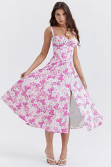 Damen Midikleid mit Herzausschnitt und breiten Trägern mit Ziernähten am Oberteil und Blumenmuster – Rosa