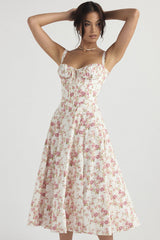 Damen Midikleid mit Herzausschnitt und breiten Trägern mit Ziernähten am Oberteil und Blumenmuster – Weiß