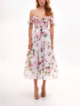 Damen Midikleid mit Herzausschnitt und Rüschenärmeln mit Schnürung am Rücken und Blumenmuster – Weiß mit Blumenmuster