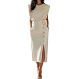 Damen Midikleid mit Knopfleiste und Frontschlitz – Beige