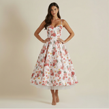 Damen Midikleid mit Korsettoberteil und schmalen Trägern – Weiß / Floral