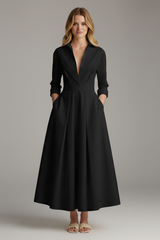 Damen Midikleid mit Kragen, V-Ausschnitt und Faltenrock – Schwarz