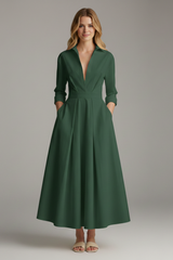 Damen Midikleid mit Kragen, V-Ausschnitt und Faltenrock – Olivgrün