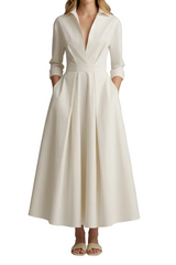 Damen Midikleid mit Kragen, V-Ausschnitt und Faltenrock – Weiß
